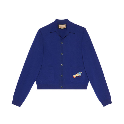 GUCCI/古驰 22年秋冬新款 Lovelight系列 男士蓝色纯羊毛流星G爱心贴饰针织开衫毛衣706917XKCKR4330