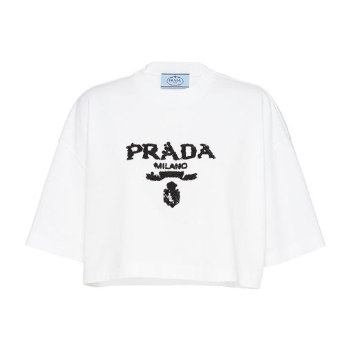 PRADA/普拉达 22年早春新款 女士白色刺绣棉质短款T恤3560AR_103H_F0009_S_212