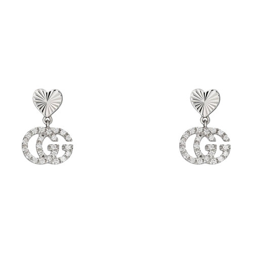 GUCCI/古驰 GG Running系列 18K金白金双G镶钻吊坠钻石耳环 648602J85689066