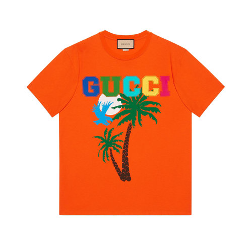 GUCCI/古驰 22年春夏新款 爱的进行曲系列 男士橙色纯棉棕榈树印花短袖T恤?548334XJEOW7548