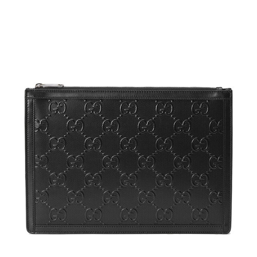 GUCCI/古驰 21新款GG embossé系列 男士黑色双G压纹皮革拉链手拿包6464491W3AN1000