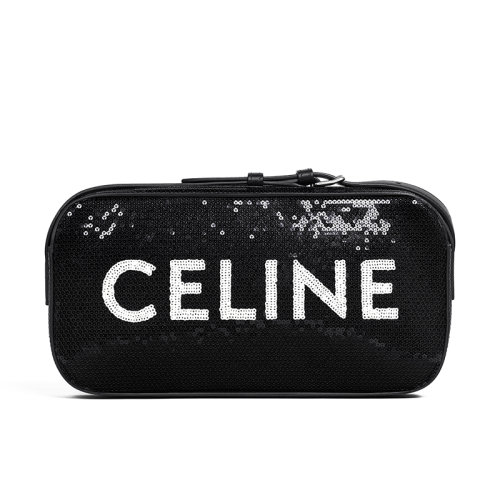 CELINE/赛琳 22新款 女士黑色亮片配皮饰白色徽标字母印花拉链开合单肩斜跨相机包199183EO1.38AW