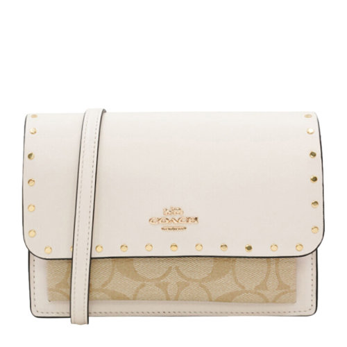 COACH/蔻驰 女士卡其配白色PVC配皮经典双C字母徽标印花铆钉装饰单肩包斜挎包风琴包腰包女包 C3326IMOT4