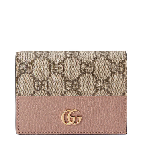 GUCCI/古驰   GG Marmont系列 女士粉色皮革和米色/乌木色GG Supreme帆布双G钱包卡片夹65861017WAG5788