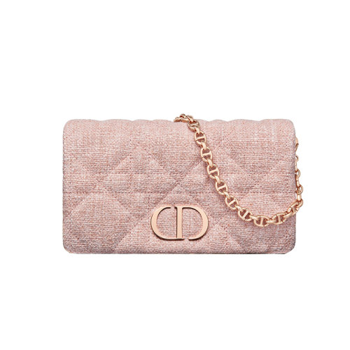 DIOR/迪奥 22新款 DIOR Caro系列 女士粉色亚麻接缝玫瑰金饰面翻盖手提肩背斜挎手拿包S5135JWEX_M63E