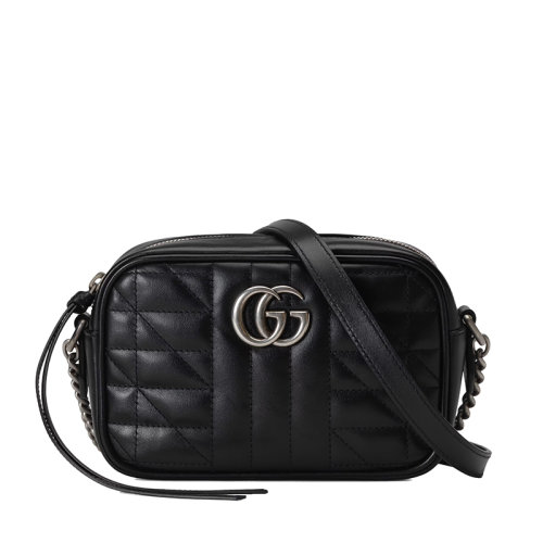 GUCCI/古驰  GG Marmont系列 女士迷你黑色绗缝皮革复古银色饰面双G单肩斜挎包??634936UM8BN1000