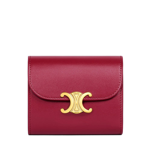 CELINE/赛琳 22新款TRIOMPHE系列 女士小号胭脂红色亮泽牛皮革金色凯旋按扣折叠零钱袋短款钱包10D783DPV.27CA