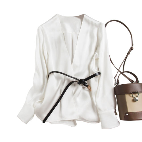 GeleiStory/GeleiStory 新款一见倾心重磅真丝白色桑蚕丝缎面真丝宽松外套衬衫 女士长袖衬衫