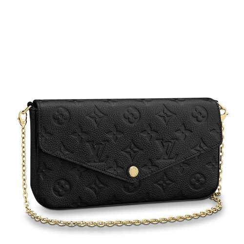 Louis Vuitton/路易威登 22春夏新款FéLICIE系列 女士黑色老花压纹软粒面牛皮革金扣金链配可拆卸贴袋翻盖开合斜跨手拿链条信封包M64064