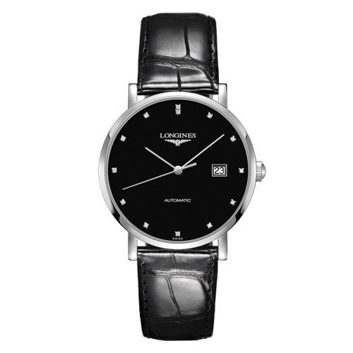 LONGINES/浪琴  博雅系列 自动机械表镶钻黑盘精钢表壳皮质表带男表39毫米L4.910.4.57.2