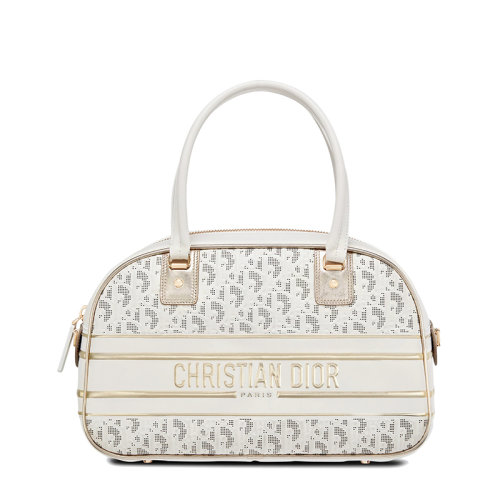 DIOR/迪奥 22春夏新款VIBE系列 女士中号白色金色老花镂空牛皮革经典保龄球包手提包M6204ODDT_M933