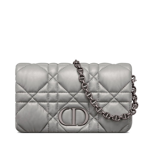 DIOR/迪奥 22新款Caro系列女士牛皮革绗缝灰色超大藤格纹翻盖按扣开CD标志性链条合单肩斜挎手拿链条包S5135BNGX_M41G