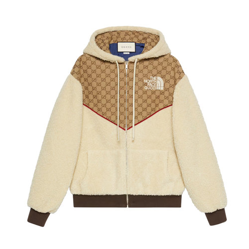 GUCCI/古驰      The North Face联名系列 女士米色乌木色GG帆布拼再生毛羊皮连帽夹克?644582XJC3T2102