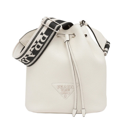 PRADA/普拉达 22新款 女士白色皮革银扣徽标刺绣拆卸肩带抽绳单肩斜挎手提水桶包1BE060_2DKV_F0009_V_3OO
