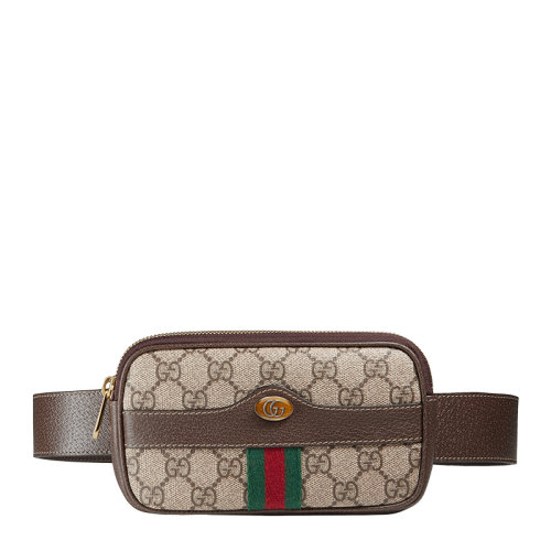 GUCCI 古驰  Ophidia系列 女士棕色皮革帆布双G腰挎式胸包腰包