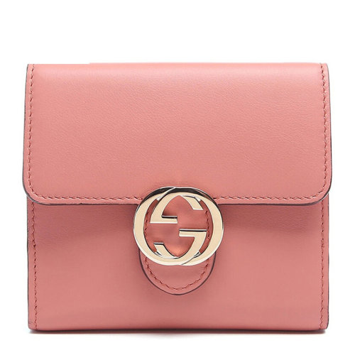 GUCCI/古驰 女士纯色皮革经典双G字母徽标装饰按扣开合短款折叠翻盖钱夹钱包卡包女包 369676-AP00G 多色可选