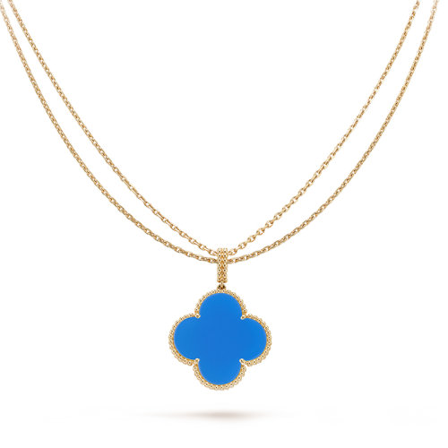 Van Cleef & Arpels/梵克雅宝 经典款MagicAlhambra系列 18K金黄金镶嵌蓝色玛瑙大花大号长款四叶草项链