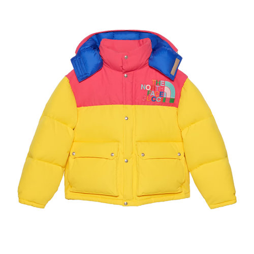 GUCCI/古驰 22秋冬款 The North Face联名系列 ?女士多色聚酰胺饰有彩色刺绣LOGO图案拉链按扣开合可拆卸风帽羽绒服672457XAAER7295