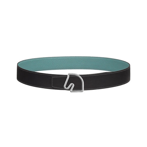 HERMES/爱马仕 马头系列 石墨/天空蓝色荔枝纹小牛皮 男士双面银扣皮带38毫米H081656CK05/H077971CAAL090