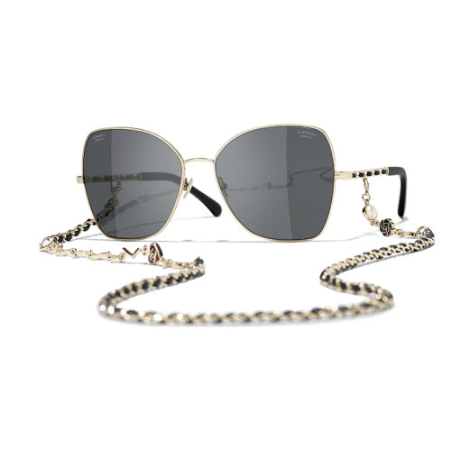 Chanel/香奈儿 22年春夏新款 女士灰色镜片金色/黑色金属与小牛皮镜框饰链条蝴蝶形太阳眼镜墨镜A71446X27389L9528