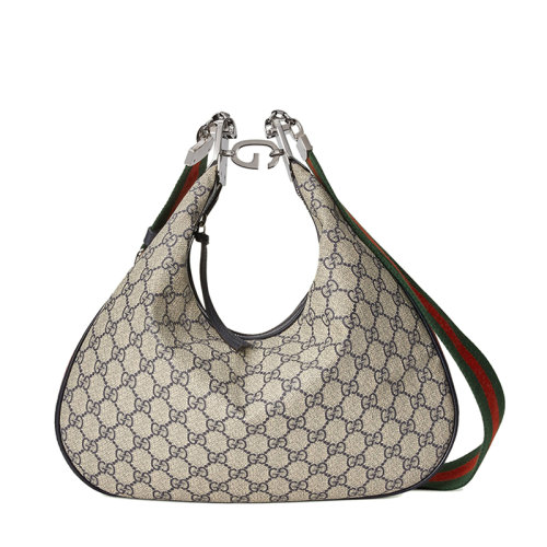 GUCCI/古驰 22新款 男女同款经典米色蓝色老花帆布新月造型G钩扣大号单肩手提包70282396GRN4082