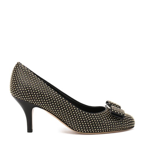 Salvatore Ferragamo/菲拉格慕 黑色 女士CARLA铆钉装饰高跟鞋 中跟鞋 7055-01P391-CARLA CH 鞋