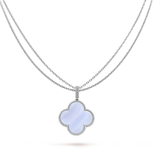 Van Cleef & Arpels/梵克雅宝 经典Magic Alhambra系列 18K金白金镶嵌紫玉髓长款四叶草项链