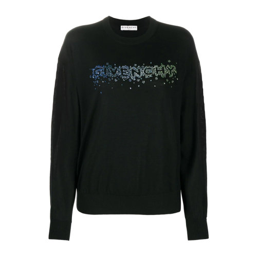 Givenchy/纪梵希 女士黑色羊毛混纺丝绸经典字母徽标水晶缀饰圆领长袖上衣毛衣针织衫套头衫 BW90B84Z7Y-001