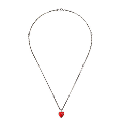 GUCCI/古驰 925银红色珐琅银色双G心型吊坠项链?645545J89B41192
