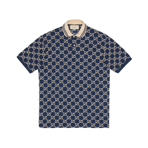 GUCCI/古驰 22年春夏新款 男士深蓝色棉质混纺弹力面料老花刺绣短袖polo衫?598956XJB0U4115
