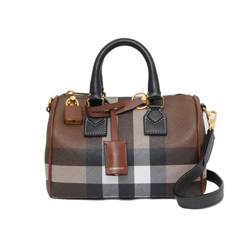 BURBERRY/博柏利 22新款 女士深棕色格皮革拉链开合皮革手柄拆卸调节肩带斜挎单肩手提保龄球包80534961