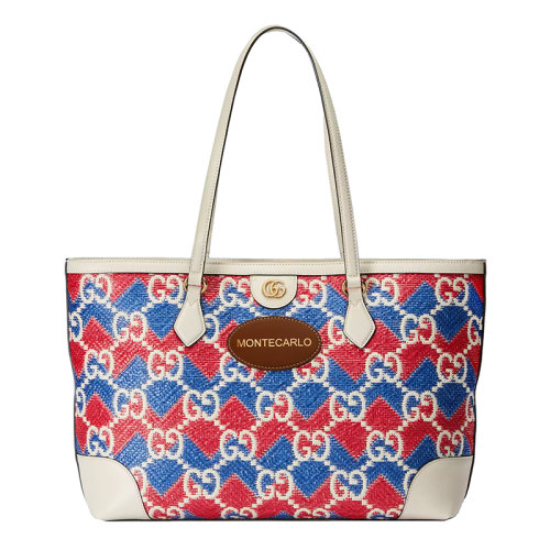 GUCCI/古驰 22新款 女士蓝色/红色稻草效果面料配皮革GG老花“Montecarlo”字样刺绣手提包托特包631685UYFCG6288