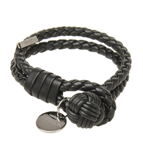 Bottega Veneta/葆蝶家 男女同款 黑色羊皮编织手链圆形吊坠 男士手链 113546-V001D-1000