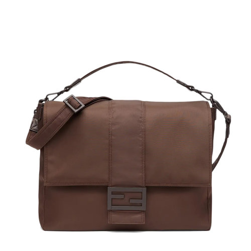FENDI/芬迪 BAGUETTE系列 男士大号棕色再生尼龙FF搭扣翻盖单肩斜挎法棍信差包7VA536AG0PF0TU7