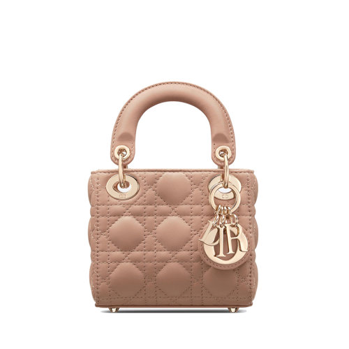 DIOR/迪奥 经典款LADY DIOR系列 女士微型浅粉色藤格纹羊皮革饰金扣单肩斜挎手提戴妃包S0856ONGE_M49P