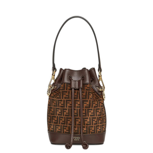 FENDI/芬迪 MON TRESOR系列 迷你棕色皮革拼色FF图案印花抽绳水桶包单肩手提包8BS010AFISF1E3L