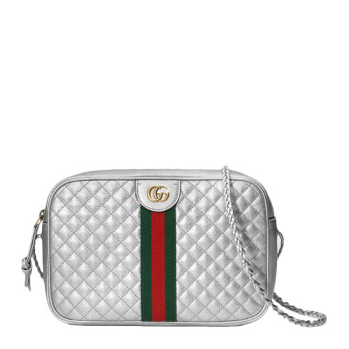 GUCCI/古驰  古琦女士银色牛皮革经典互扣式双G字母徽标红绿织带装饰单肩斜跨包 541051 0U12T 8562 HKY0011N