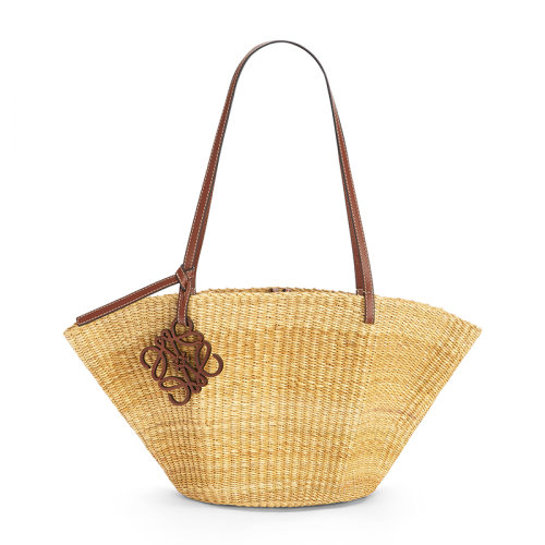 LOEWE/罗意威  Shell Basket系列 女士小号天然/山核桃象草/小牛皮徽标饰物贝壳手提斜挎单肩包0010444750