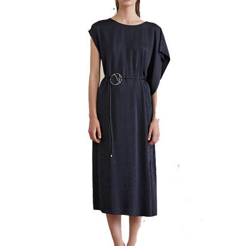 HUI/卉 女士连衣裙19春夏蓝色条纹显瘦连衣裙