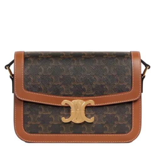 CELINE/赛琳  经典TRIOMPHE系列 女士中号凯旋帆布黄褐色小牛皮饰边金扣单肩斜挎包191242BZ404LU【主推】