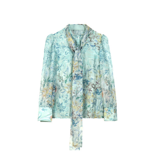 GeleiStory/GeleiStory GELEISTORY 2022秋季新款印花立领质感亲肤柔顺薄透飘带气质水墨灯笼袖衬衫