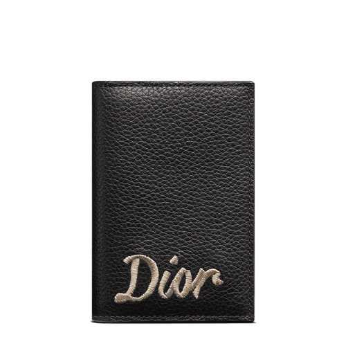 DIOR/迪奥 22新款 男士黑色粒面牛皮革“Dior”丝带状标志双折卡夹2ESCH138RIB_H00N