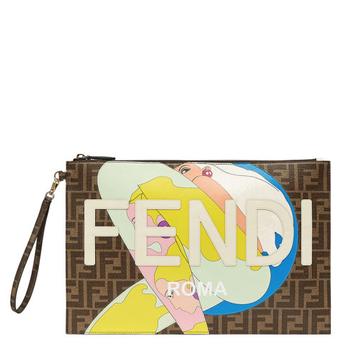 FENDI/芬迪 22春夏新款 女士大号棕色双F老花女孩插画白色徽标皮革手拿包手袋8N0178AJHJF1HB5