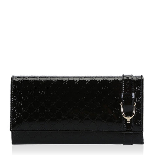 GUCCI 古驰 女士黑色漆皮皮带扣装饰长款翻盖钱包 309760 AV13G 1000