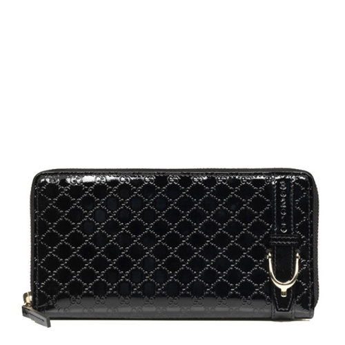 GUCCI 古驰 女士黑色漆皮皮带扣装饰长款拉链钱包 309758 AV13G 1000