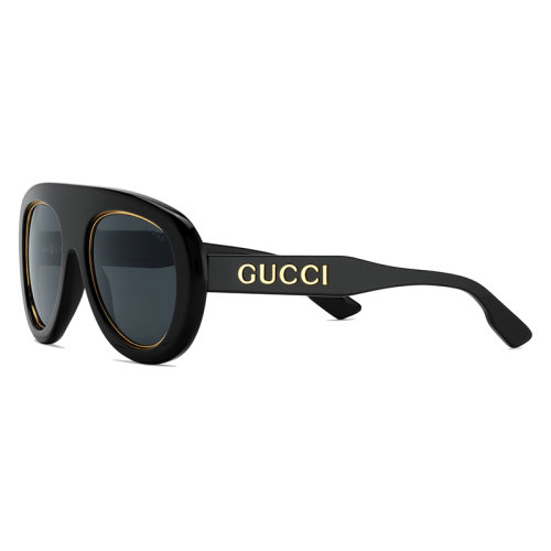 GUCCI/古驰 22年春夏新款 男士纯灰色镜片光泽感黑色醋纤镜框金色调金属饰边领航员太阳眼镜墨镜691373J07401012