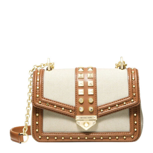Michael Kors/迈克·科尔斯 女士米棕拼色帆布配皮金属倒三角字母徽标铆钉装饰单肩包斜挎包女包 30T1G1SL5C-NATURAL