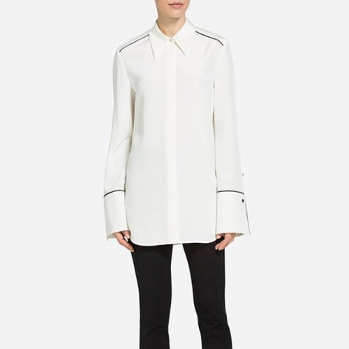 St.John/盛蔷女士白色真丝翻领宽松长袖女士短袖衬衫K310WL1