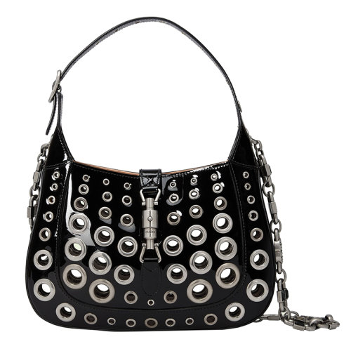 GUCCI/古驰 22新款 Jackie 1961系列 女士黑色漆皮金属镂空银色饰面单肩手提包?7037441J7CN8180