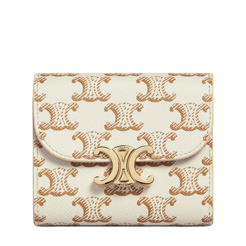 CELINE/赛琳  小号白色凯旋印花涂层帆布牛皮衬里凯旋金扣短款钱包10D782CQH.01TA